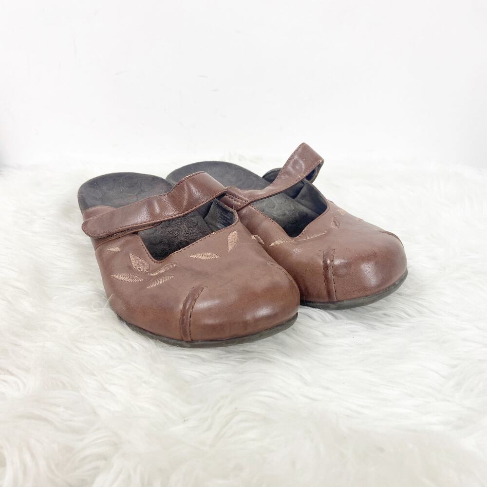 Orthaheel 7 Womens Brown Leather Hannah Embroider Slide Mary Jane Comfort Shoes